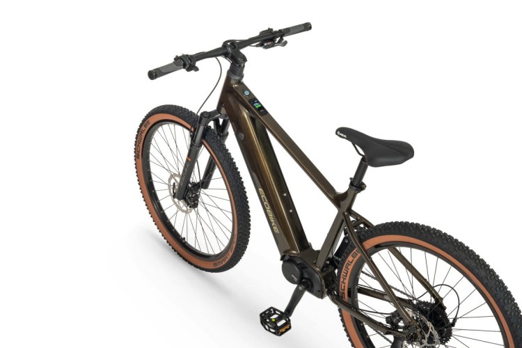 Widok z góry na ramę Ecobike SX 300 z wbudowanym w rurę kolorowym wyświetlaczem Bafang DP C030