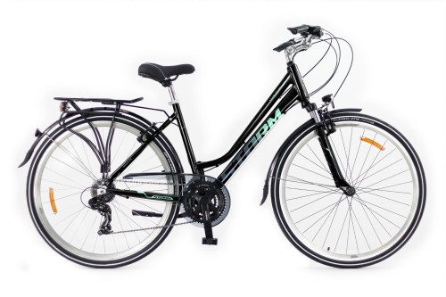 Damski rower trekkingowy STORM Marathon 1.0 Lady czarno-miętowy na kołach 28 cali z bagażnikiem i amortyzatorem