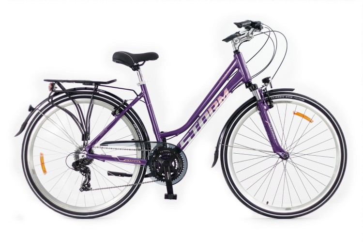Damski rower trekkingowy STORM Marathon 1.0 Lady w kolorze śliwkowym na kołach 28 cali z bagażnikiem i błotnikami
