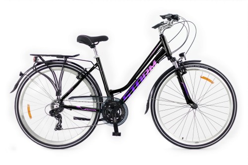 Damski rower trekkingowy STORM Marathon 1.0 Lady czarno-różowy na kołach 28 cali z bagażnikiem i amortyzatorem