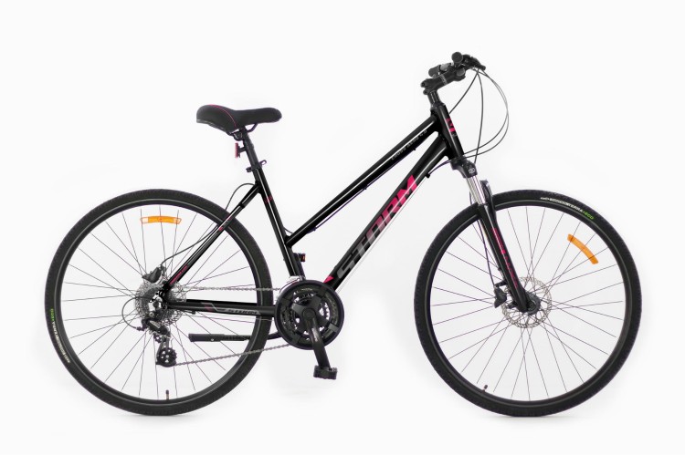 Damski rower crossowy STORM Cross Aero Lady 4.0 czarno-różowy z blokadą amortyzatora i przerzutką Shimano Acera