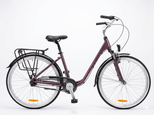 Miejski rower damski STORM Paris 3S AMT w kolorze ciemnego różu z obniżoną ramą, amortyzacją i napędem Shimano Nexus