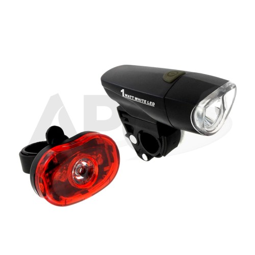 Zestaw lampek rowerowych 2K: czarna lampka przednia 1W LED oraz tylna lampka z czerwonym kloszem i uchwytami montażowymi