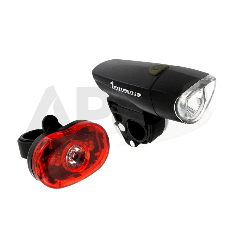 Zestaw lampek rowerowych 2K: czarna lampka przednia 1W LED oraz tylna lampka z czerwonym kloszem i uchwytami montażowymi