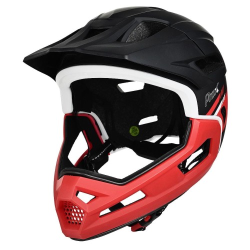 Kask MTB ProX Cage II w barwach czerwono-czarnych ujęcie z profilu prezentujące agresywny design