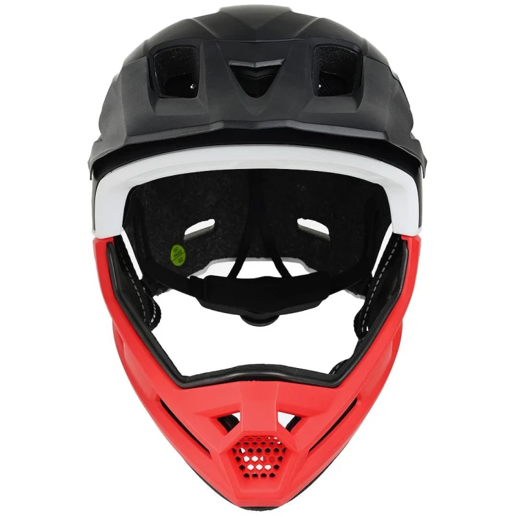 Widok z przodu kasku ProX Cage II z siatką przeciw owadom w otworach wentylacyjnych i solidną osłoną podbródka