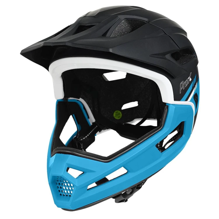 Kask MTB ProX Cage II w barwach niebiesko-czarnych ujęcie z profilu prezentujące agresywny design