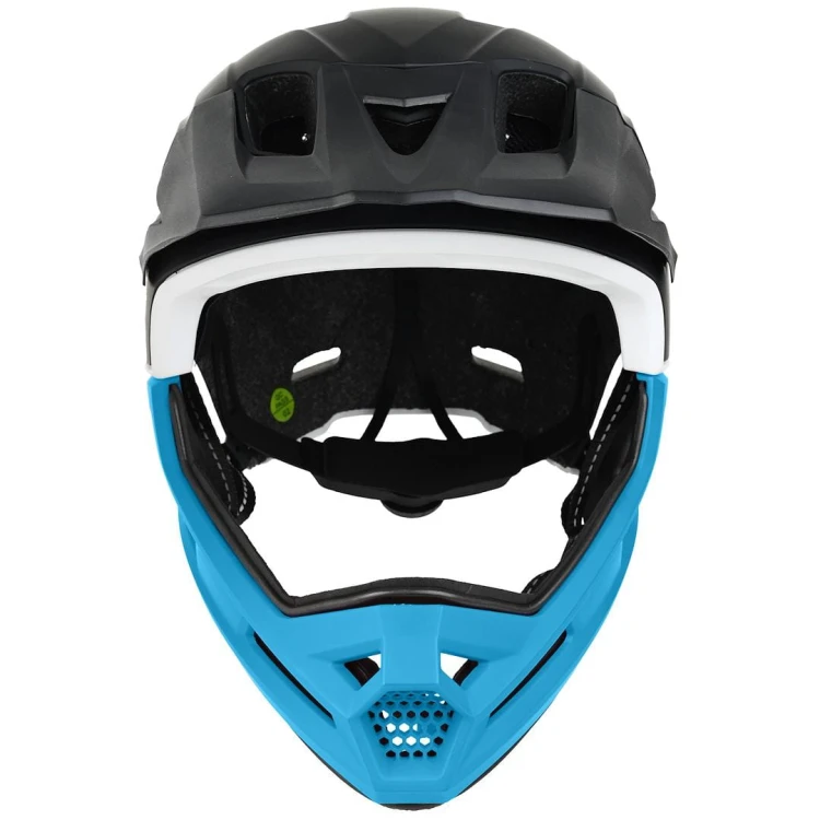 Widok z przodu kasku ProX Cage II w kolorze niebieskim z siatką przeciw owadom i solidną osłoną podbródka