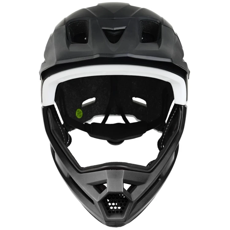 Widok z przodu kasku ProX Cage II w kolorze tytanowym z siatką przeciw owadom i solidną osłoną podbródka