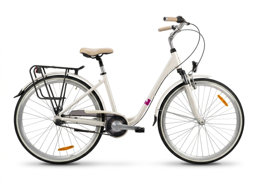 Damski rower miejski STORM Paris 3S AMT perłowy z niskim wejściem, amortyzowaną sztycą i koszykowym bagażnikiem