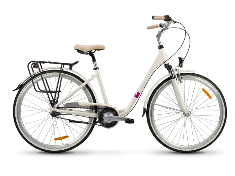 Damski rower miejski STORM Paris 3S AMT perłowy z niskim wejściem, amortyzowaną sztycą i koszykowym bagażnikiem