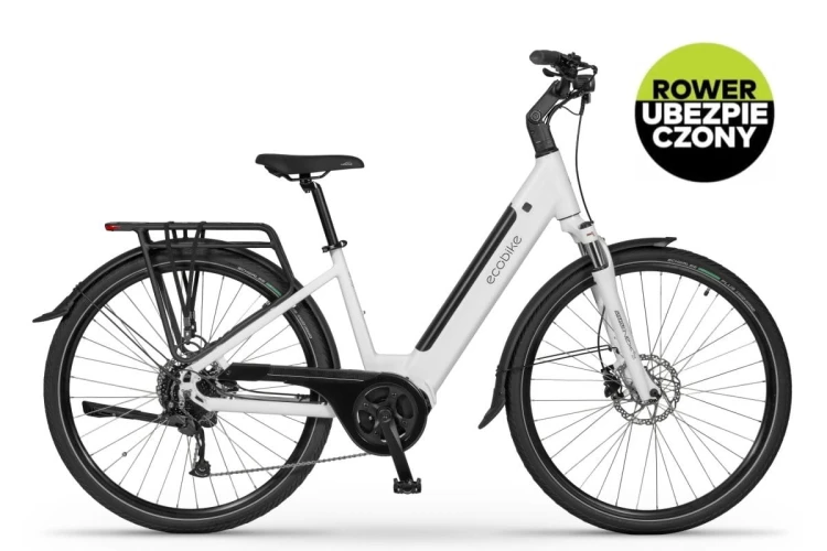Biały rower elektryczny Ecobike LX 100 z ikonami ochrony ubezpieczeniowej na kradzież i zniszczenie