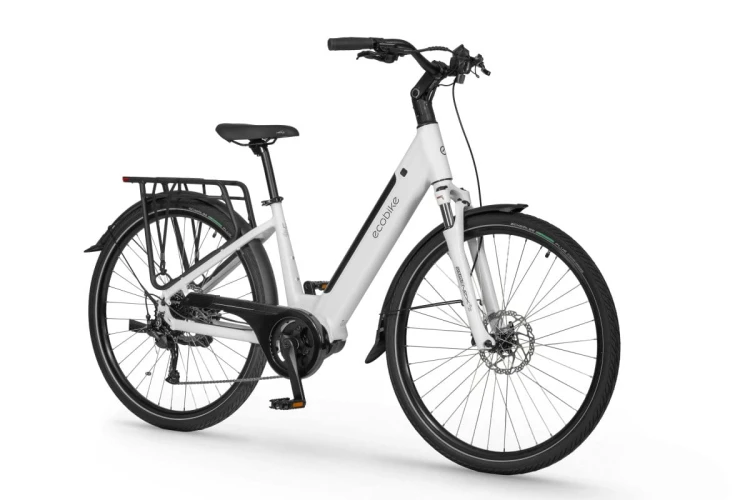 Rower elektryczny Ecobike LX 100 biały ujęcie z prawej strony pokazujące napęd Shimano Alivio