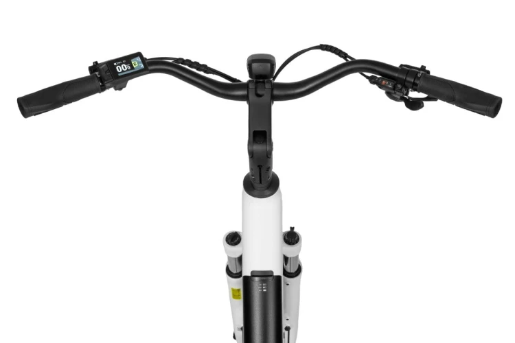 Widok od przodu na kokpit roweru Ecobike LX 100 z centralnie umieszczonym licznikiem Bafang