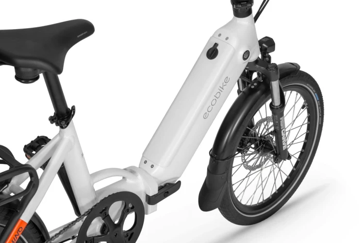 Zbliżenie na alternatywną wersję klapki baterii w białym kolorze - Ecobike Rhino