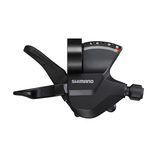Czarna 8-rzędowa manetka przerzutki Shimano Altus SL-M315 z czytelnym optycznym wskaźnikiem przełożeń i linką przerzutki w zestawie.