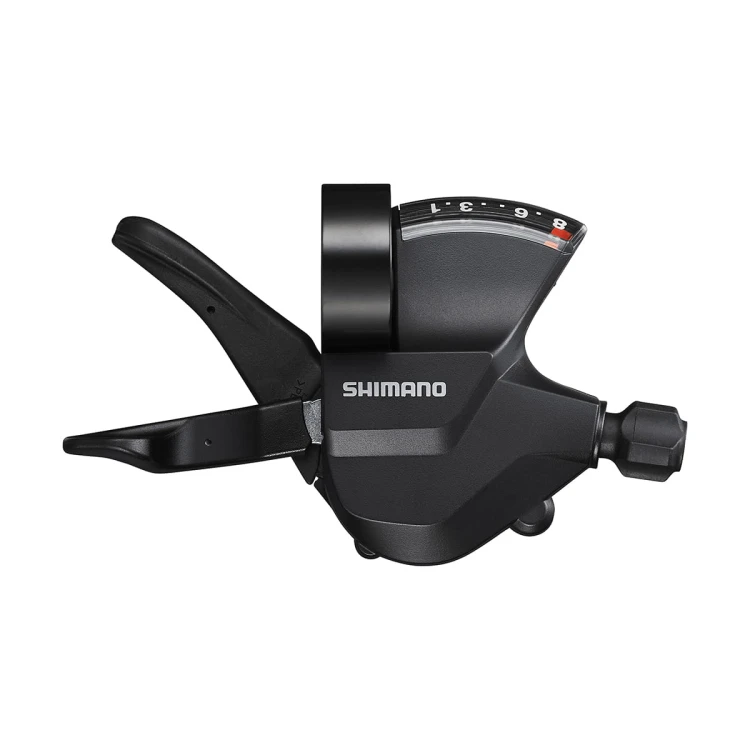 Czarna 8-rzędowa manetka przerzutki Shimano Altus SL-M315 z czytelnym optycznym wskaźnikiem przełożeń i linką przerzutki w zestawie.