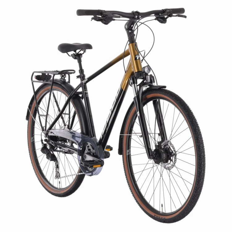 Rower trekkingowy Tabou Kinetic 4 czarno-złoty widziany z przodu od strony napędu