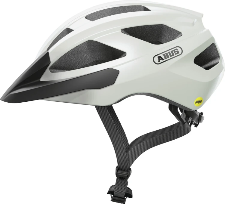 Kask Abus Macator MIPS pearl white M – widok z przodu i z boku