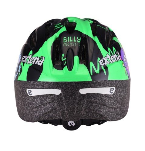 Kask EXTEND Billy neon green XS/S (47-51cm) – widok od tyłu z pokrętłem regulacji i odblaskami