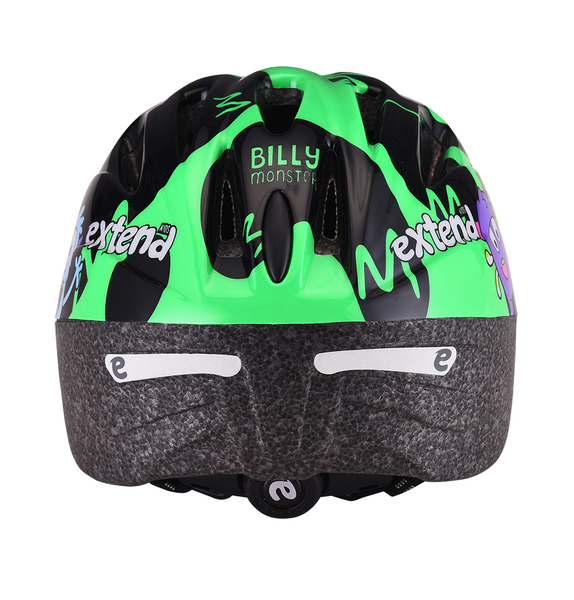 Kask EXTEND Billy neon green XS/S (47-51cm) – widok od tyłu z pokrętłem regulacji i odblaskami