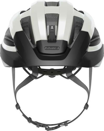 Kask Abus Macator MIPS pearl white M – widok od tyłu z pokrętłem regulacji i odblaskami