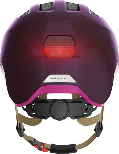 Kask Abus Smiley 3.0 ACE LED royal purple S – widok od tyłu z pokrętłem regulacji i odblaskami