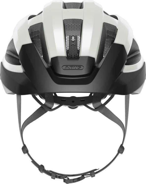 Kask Abus Macator MIPS pearl white L – widok od tyłu z pokrętłem regulacji i odblaskami