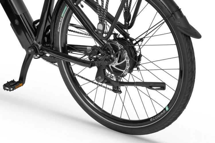 Rower elektryczny ECOBIKE X-Cross 21" 630Wh Black – amortyzator przedni, koło i zintegrowana bateria w ramie