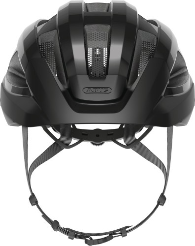 Kask Abus Macator MIPS shiny black M – widok od tyłu z pokrętłem regulacji i odblaskami