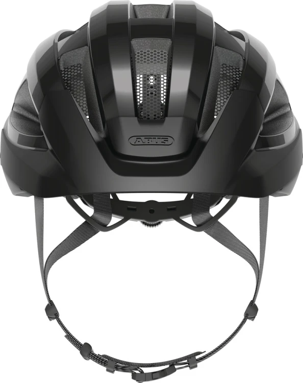 Kask Abus Macator MIPS shiny black M – widok od tyłu z pokrętłem regulacji i odblaskami