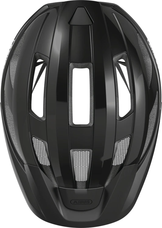 Kask Abus Macator MIPS shiny black M – wnętrze kasku, wkładki antybakteryjne i paski mocujące