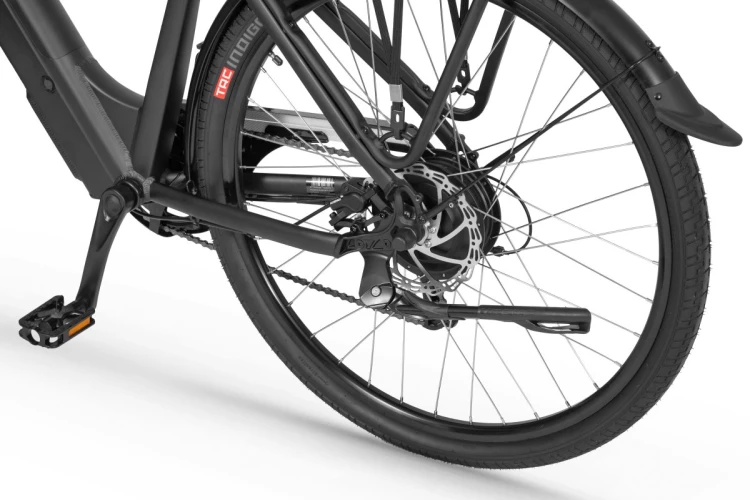 Rower elektryczny miejski ECOBIKE X-City czarny – amortyzator przedni, koło i zintegrowana bateria w ramie