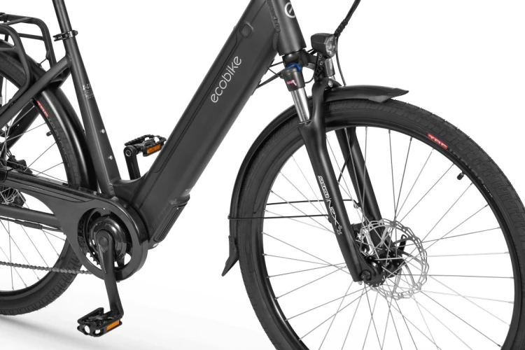 Rower elektryczny miejski ECOBIKE X-City czarny – silnik elektryczny Ecobike widok z lewej strony