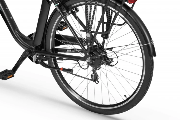 Rower elektryczny miejski ECOBIKE Basic black AXA – centralny silnik elektryczny i mechanizm korbowy