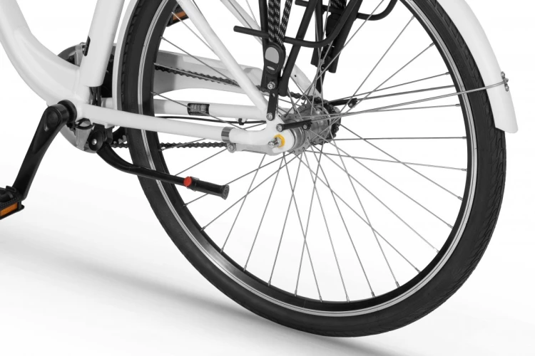 Rower elektryczny miejski ECOBIKE Basic Nexus – amortyzator przedni, koło i zintegrowana bateria w ramie