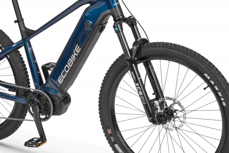 Rower elektryczny ECOBIKE RX500 960Wh 21" niebieski – amortyzator przedni, koło i zintegrowana bateria w ramie