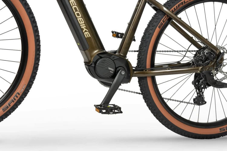 Rower elektryczny ECOBIKE SX300 21" green – amortyzator przedni, koło i zintegrowana bateria w ramie