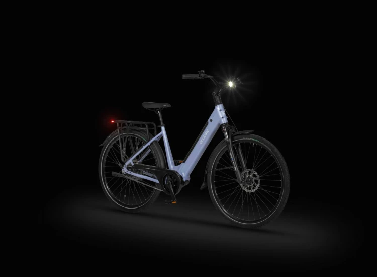 Rower elektryczny ECOBIKE LX100 Automatic 630Wh pearl z oświetleniem LED – widok nocny tył