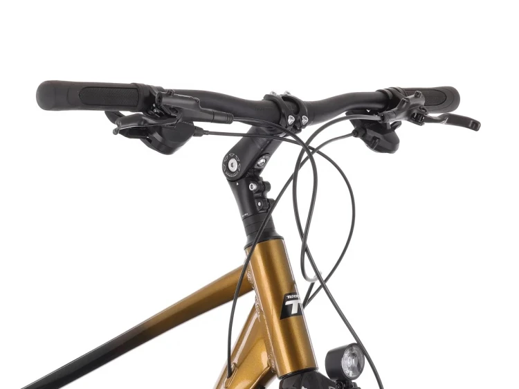Rower trekkingowy TABOU Kinetic 4 czarno-złoty – kokpit, mostek i manetki na kierownicy