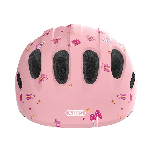 Kask Abus Smiley 2.0 rose princess M - widok z przodu z otworami wentylacyjnymi i siatką na owady