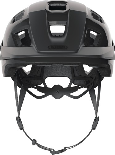 Kask Abus MOTRIP MIPS shiny black M - ujęcie 3/4 z przodu z daszkiem ochronnym i paskami