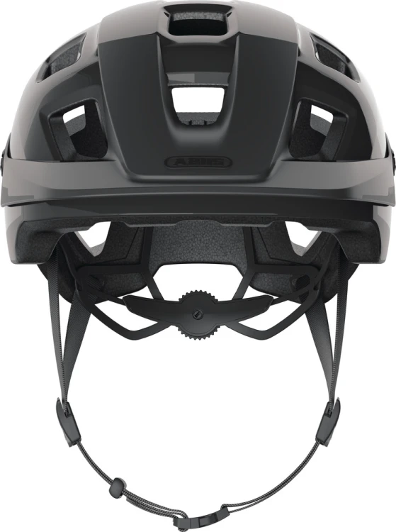 Kask Abus MOTRIP MIPS shiny black M - ujęcie 3/4 z przodu z daszkiem ochronnym i paskami