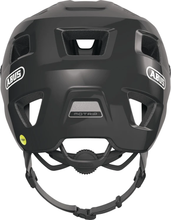 Kask Abus MOTRIP MIPS shiny black M - ujęcie 3/4 od tyłu z systemem dopasowania Zoom Ace i odblaskiem