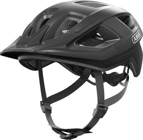 Kask Abus Aduro 3.0 velvet black S – ujęcie 3/4 z przodu z daszkiem ochronnym i paskami
