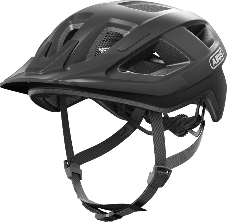 Kask Abus Aduro 3.0 velvet black S - ujęcie 3/4 z przodu z daszkiem ochronnym i paskami