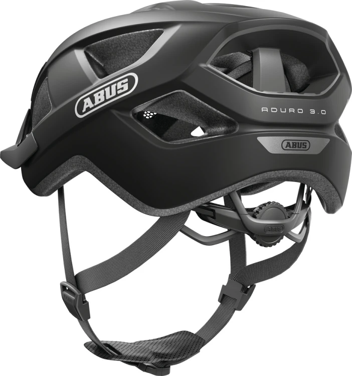 Kask Abus Aduro 3.0 velvet black S - ujęcie 3/4 od tyłu z systemem dopasowania Zoom Ace i odblaskiem