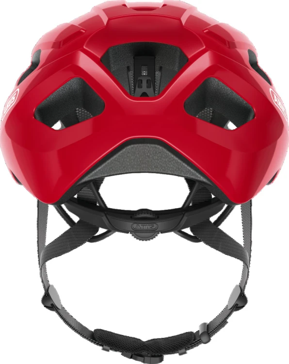 Kask Abus Macator blaze red (czerwony) - rzut z perspektywy przedniej z wentylacją