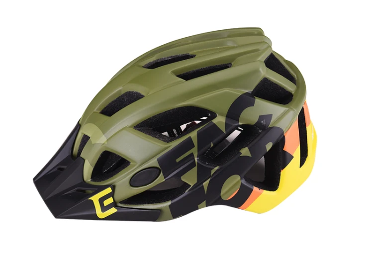 Kask EXTEND Factor olive - black S/M (zielony) - ujęcie 3/4 z przodu z daszkiem ochronnym i paskami
