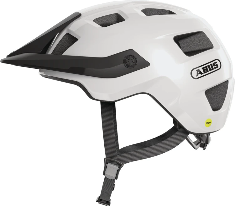 Kask Abus MOTRIP MIPS shiny white (biały) - widok profilowy z boku kasku rowerowego